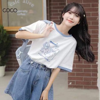 Coco~เสื้อยืด เสื้อยืดแขนสั้นทรงหลวม สไตล์เกาหลี พิมพ์การ์ตูน