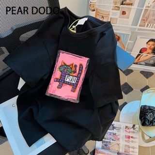 PEAR DODO Korean Vintage Black Print Round Neck T-shirt Short Sleeve Top for Woman