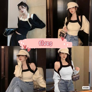 Elves✨พร้อมส่ง✨ เสื้อสายคล้องคอไหมพรม+เสื้อคลุม ผ้านิ่มใส่สบายเกาหลีเกาใจ ~47206~