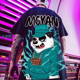 Spot mens hip-hop shirt oversized men and women casual short-sleeved T-shirt flame panda print T-shirt couple top _07