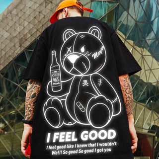 S-8XL European and American style trendy cool reflective bear print short-sleeved T-shirt for men and women couples_07