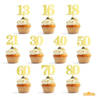 ป้ายอะคริลิค รูปตัวเลข Happy Birthday ขนาดเล็ก สําหรับตกแต่งเค้กวันเกิด 13 16 18 21 30 40 50 60 70 80 12 ชิ้น
