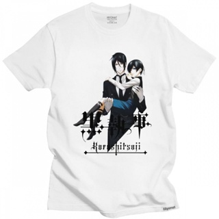 เสื้อคู่รัก เย็นสีดําบัตเลอร์เสื้อยืดผู้ชายแขนสั้น Kuroshitsuji Ciel เสื้อยืด Phantomhive พิมพ์เสื้อยืดผ้าฝ้ายนุ่มอะนิเม