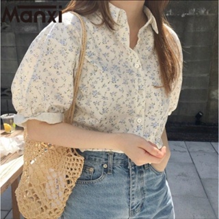 Manxi เสื้อลายดอกไม้ เสื้อสเวตเตอร์ แขนสั้น สวยๆ A25K0F7