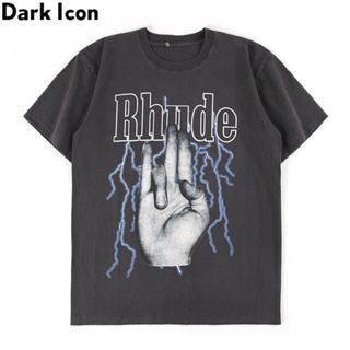 Dark Icon Rhude Palm Lightning Printing Hand Wash Make Old High Street Style Short Sleeve Mens T-shirt Male Tops_04