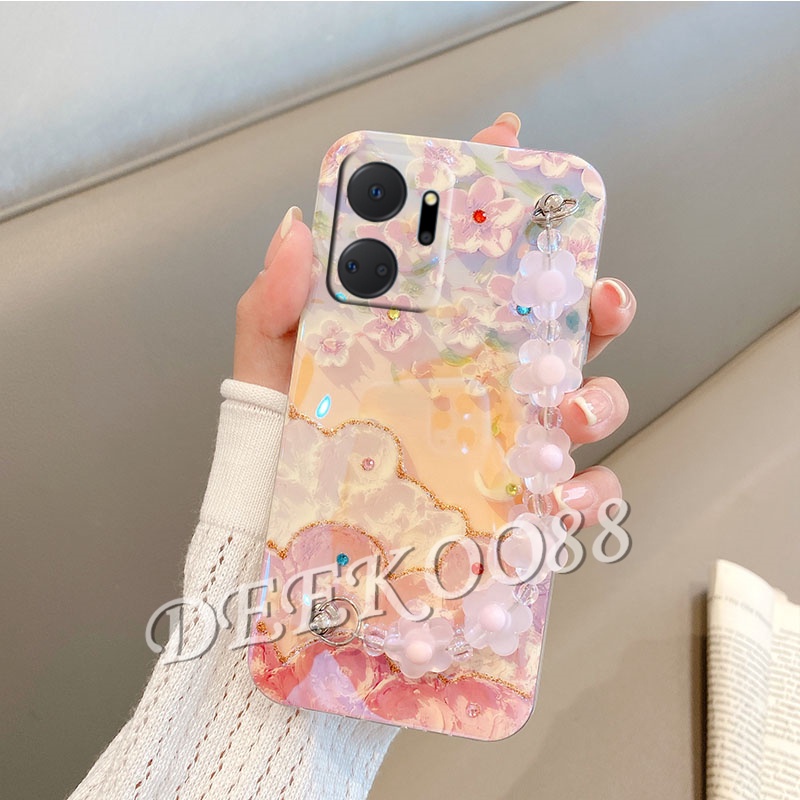 เคสโทรศัพท์มือถือนิ่ม-ปิดด้านหลัง-ลายดอกไม้-พร้อมสายคล้องมือ-ประดับลูกปัด-ระยิบระยับ-สําหรับ-honor-x9a-5g-x7a-4g-x9a-x7a