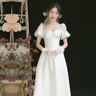ชุดเดรสแต่งงาน ผ้าซาติน สีขาว แบบเรียบง่าย สไตล์เฮปเบิร์น แฟชั่นเรโทร 2023