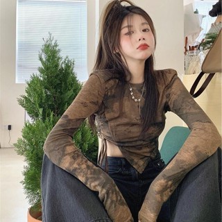 เสื้อแขนยาว คอกลม แบบผูกเชือก ทรงไม่สม่ําเสมอ สไตล์เรโทร สําหรับผู้หญิง