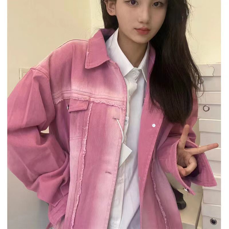 pink-denim-jacket-เสื้อแจ็คเก็ตยีนส์ไล่โทนสีผู้หญิง-2023-ใหม่-เสื้อแจ็คเก็ตวินเทจทรงหลวมลำลองด้านบนน้ำ