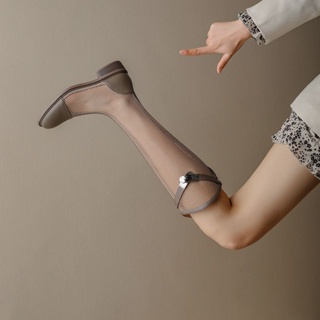 🌸 รองเท้าบูทเกาหลีสีน้ำตาล สไตล์วินเทจ แฟชั่นรุ่นบางบู๊ทส์ผู้หญิงรองเท้าบูทยาว รองเท้าบูทส้นหนาพื้น ระบายอากาศและเย็น