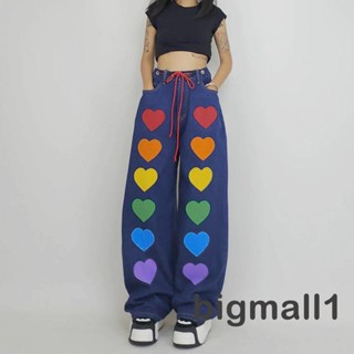 Bigmall- กางเกงยีนขายาว เอวสูง ทรงหลวม พิมพ์ลายหัวใจ แฟชั่นสําหรับสตรี 2000s