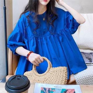 เสื้อเชิ้ตแขนโคมไฟ ทรงหลวม ขนาดใหญ่ สีฟ้า แฟชั่นฤดูร้อน สไตล์เกาหลี สําหรับผู้หญิง