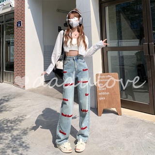 DaDulove💕 New Three-dimensional Embroidery Light-color Wide-leg Pants Niche High-waisted Womens Straight-leg Jeans