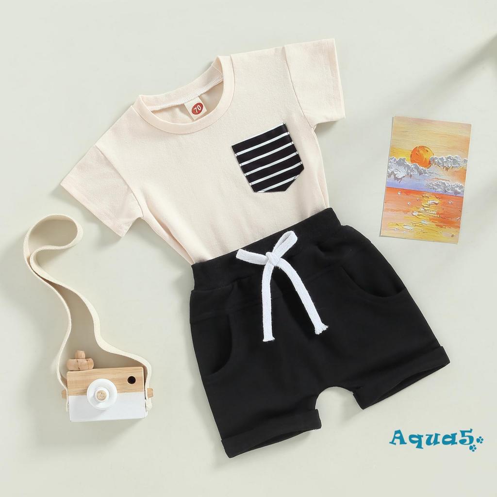 aqq-ชุดเสื้อยืดคอกลม-แขนสั้น-กางเกงขาสั้น-เอวยางยืด-ลายทาง-ฤดูร้อน-สําหรับเด็กผู้ชาย