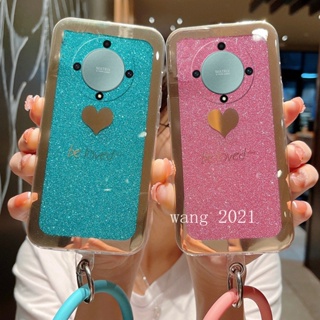 Ready Stock 2023 New Phone Case Honor X9a 5G เคส Casing Shiny Heart-Shaped Hard Cover with Round Wristband เคสโทรศัพท