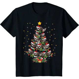 เสื้อยืดขนาดบวกคอกลมการ์ตูนคริสมาส เสื้อยืด พิมพ์ลาย Raccoon Animal Lover Xmas ของขวัญคริสต์มาส