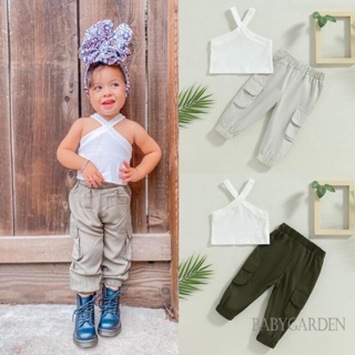 Babygarden-6m-5y ชุดเสื้อผ้าเด็กทารก เสื้อแขนกุด สีพื้น + กางเกงคาร์โก้ ผ้ายืด ลําลอง