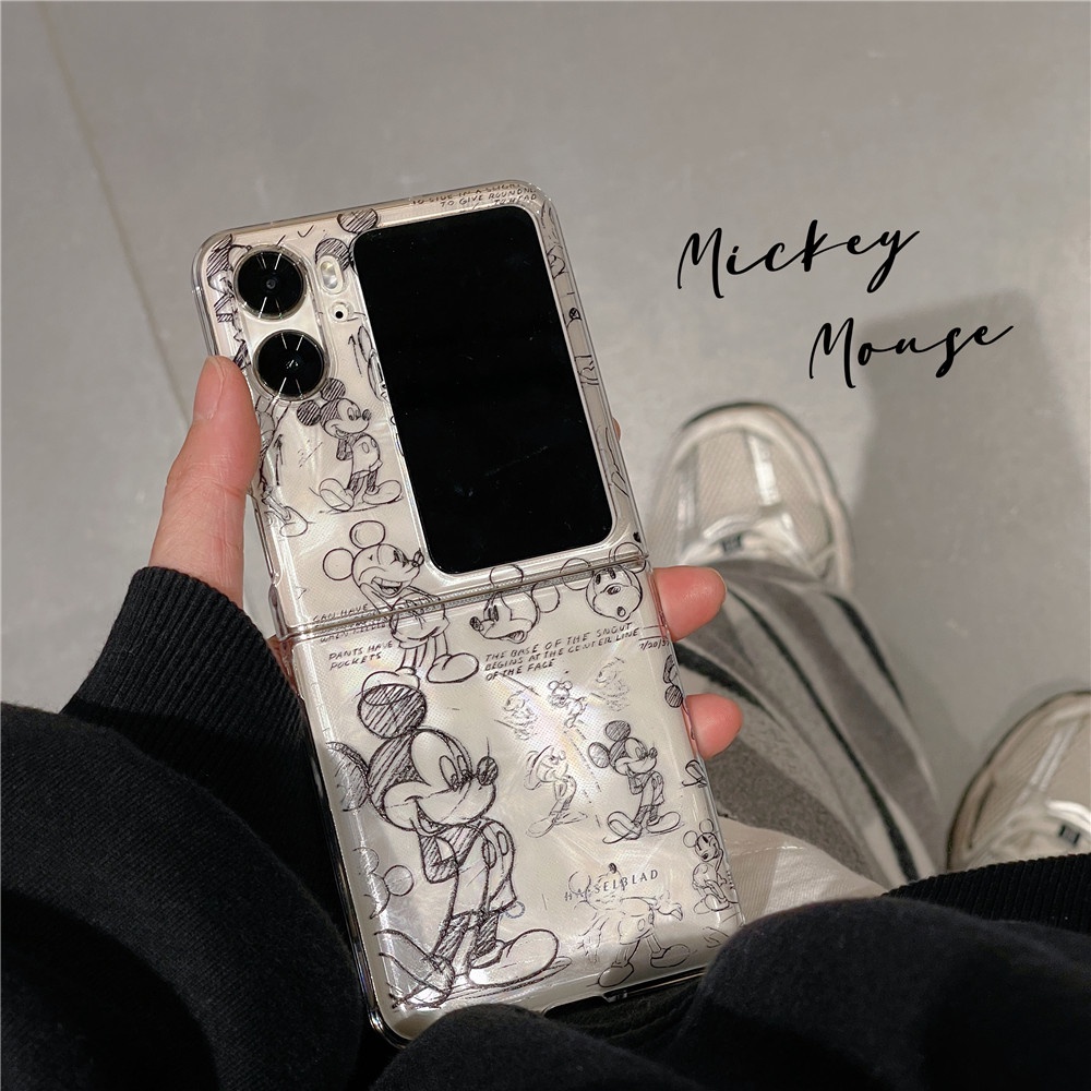 oppo-find-n2-flip-cute-cartoon-mickey-with-long-chain-hard-transparent-case-shockproof-flip-phone-back-cover