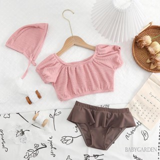 Babygarden- ชุดว่ายน้ํา แขนสั้น เปิดไหล่ สีพื้น กางเกงขาสั้น แต่งระบาย พร้อมหมวก แฟชั่นฤดูร้อน สําหรับเด็กผู้หญิง 3 ชิ้น