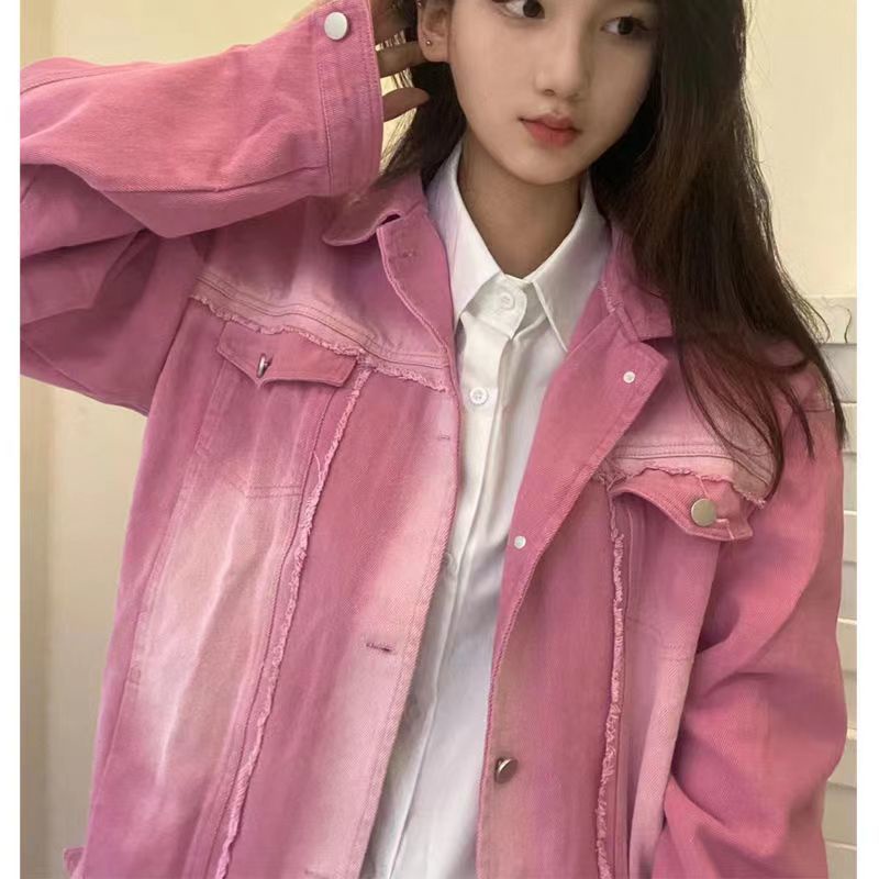 pink-denim-jacket-เสื้อแจ็คเก็ตยีนส์ไล่โทนสีผู้หญิง-2023-ใหม่-เสื้อแจ็คเก็ตวินเทจทรงหลวมลำลองด้านบนน้ำ