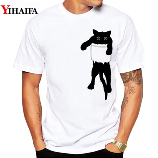 Men T-Shirt Pocket Cat Gym Print Hipster Summer Short Sleeve Funny Graphic Printed Tee Shirts White Tops_08