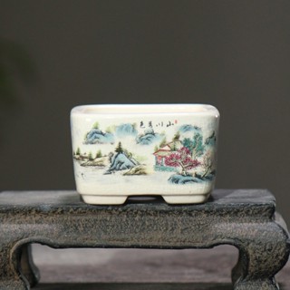 Jingdezhen กระถางดอกไม้เซรามิค เคลือบเงา ทรงสี่เหลี่ยม เพ้นท์มือ สีขาว สีม่วง สไตล์จีน สําหรับตกแต่งบ้าน