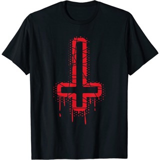 เสื้อยืดสีดำอินเทรนด์เสื้อยืดผ้าฝ้ายแท้ แขนสั้น คอปก พิมพ์ลาย Upside Down Cross Satanic Hail Satan 666 คุณภาพสูงS-4_04