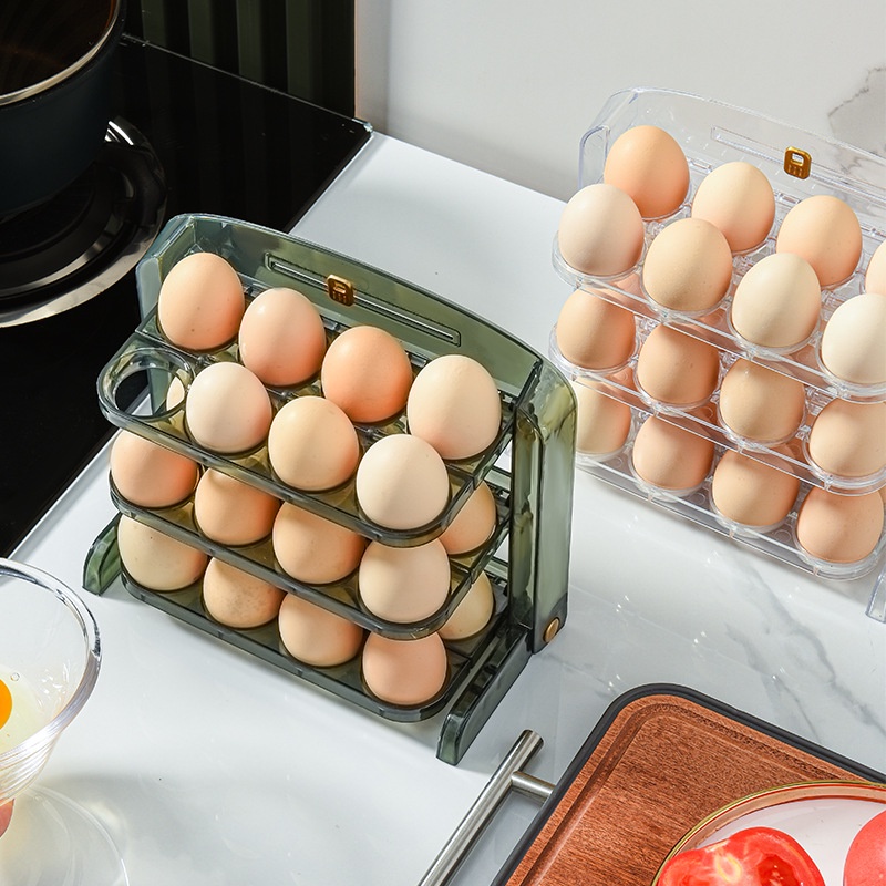 ตู้เย็นกล่องไข่ที่เรียบง่ายกล่องเก็บถาดไข่สร้างสรรค์ในครัวเรือนชั้นวางหลายชั้นพลิกถาดไข่ชั้นวางไข่
