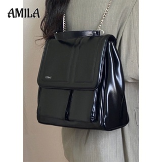 AMILA ใหม่กระเป๋าสะพายข้างผู้หญิง ความจุสูง วัตถุประสงค์ หนังพียู สีดำ โซ่ กระเป๋าเป้สะพายหลัง