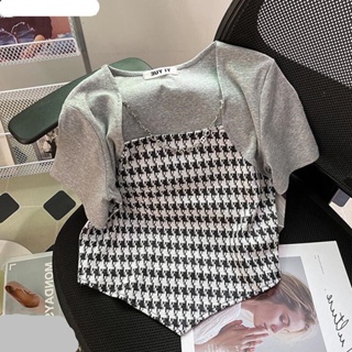 extra large size 300kg chic fake two-piece stitching short sleeve t-shirt womens irregular checkerboard hot girls pure want coat tide