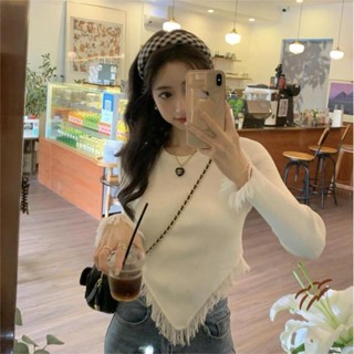 MAเสื้อกันหนาวแขนยาว แต่งพู่ ทรงไม่สม่ําเสมอ สีดํา แฟชั่นฤดูใบไม้ร่วง สําหรับผู้หญิง 21B 2022