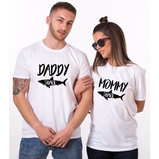 เสื้อยืดผู้ Mommy Shark Daddy Shark T-shirt Funny Tshirt Unisex Couples Tee Shirt Top Valentines Day Gift TX5263_06 S-5