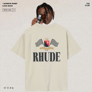 RHUDE plaid flag letter logo printing American high street tide brand mens and womens casual short-sleeved T-shir_08