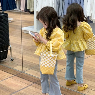 【ชุดเด็กผู้หญิง】เสื้อเชิ้ตแขนพัฟ ผ้าชีฟอง ลายดอกไม้ สีเหลือง สไตล์เกาหลี ตะวันตก แฟชั่นฤดูใบไม้ผลิ สําหรับเด็กผู้หญิง 2023