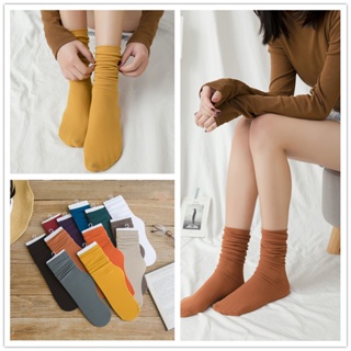 💘สปอตสินค้า💘 ถุงเท้าข้อกลางผ้าฝ้ายแท้สไตล์เกาหลีสไตล์ญี่ปุ่นย้อนยุคกลางถุงเท้าสีทึบ