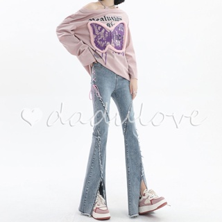 DaDulove💕 2023 New Korean Version of Ins Raw Edge Strap Slit Jeans High Waist Womens Micro Flared Trousers