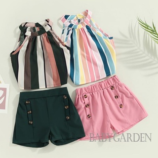 Babygarden-3-7 ปี ชุดเสื้อผ้าเด็กผู้หญิง, เสื้อกล้ามแขนกุด พิมพ์ลายทาง + กางเกงขาสั้น ติดกระดุม