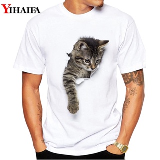 Men T-Shirt Gym Cat Print Stylish Summer Short Sleeve Slim Fit Round Neck White Printed Tee Shirts_08