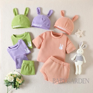 Babygarden- ชุดเสื้อผ้าเด็กผู้หญิง อีสเตอร์, เสื้อยืดแขนสั้น ปักลายกระต่าย วาฟเฟิล + กางเกงขาสั้น ลําลอง ยืดหยุ่น + หมวก