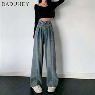 DaDuHey🎈 Women Korean Style New Wide-Leg Jeans Slim High Waist Loose Ins Draping Washed Distressed All-match Girls Pants
