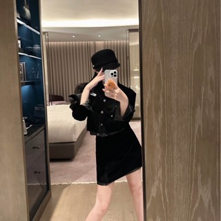 J2ZN MIUMIU French advanced velvet black suit womens 2023 spring elegant socialite style lapel overskirt two-piece set