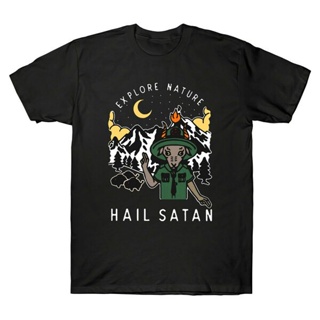 เสื้อยืดผู้ชาย ผ้าฝ้าย สีดํา แขนสั้น พิมพ์ลายแพะ Explore Nature Hail Satan_01