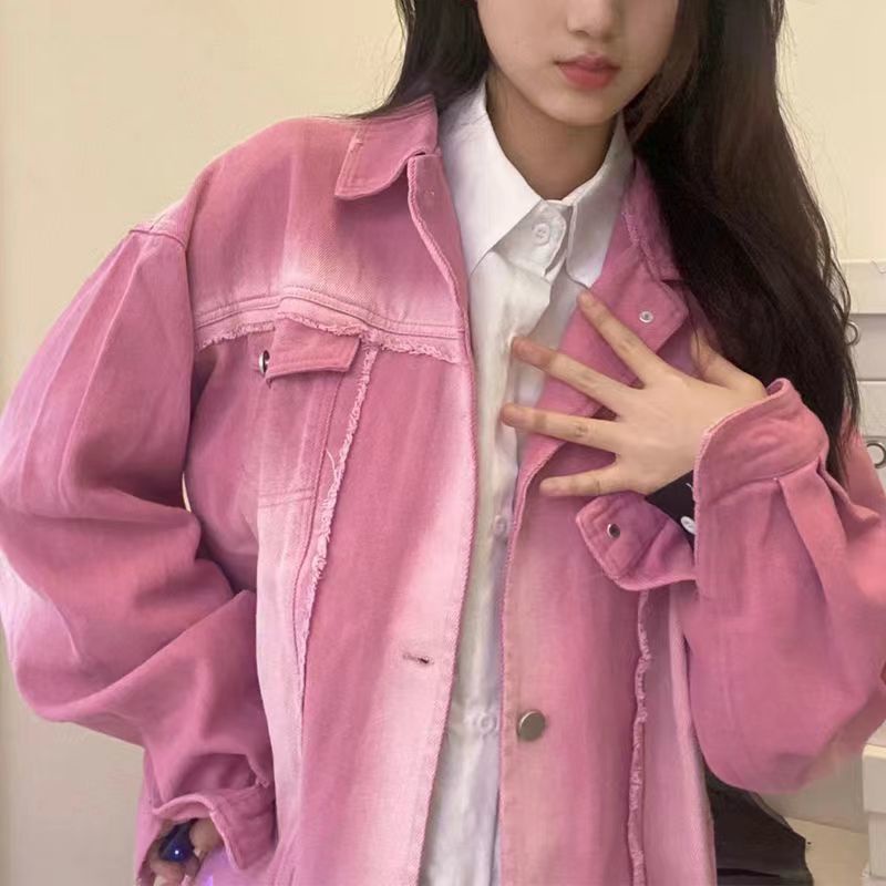 pink-denim-jacket-เสื้อแจ็คเก็ตยีนส์ไล่โทนสีผู้หญิง-2023-ใหม่-เสื้อแจ็คเก็ตวินเทจทรงหลวมลำลองด้านบนน้ำ
