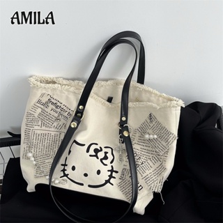 Amila Y2K กระเป๋าผ้าแคนวาส พิมพ์ลายแมวน่ารัก อเนกประสงค์ สําหรับผู้หญิง
