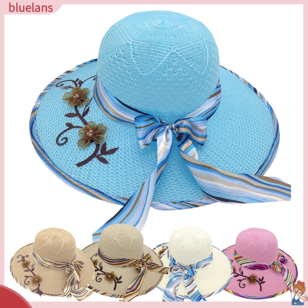 blu-ริบบิ้นโบว์-ดอกไม้-เย็บหมวกกันแดด-ปีกกว้าง-พับได้-ฟล็อปปี้-หมวกฟาง-อุปกรณ์เครื่องแต่งกาย