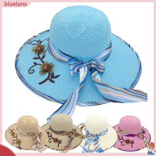Blu ริบบิ้นโบว์ ดอกไม้ เย็บหมวกกันแดด ปีกกว้าง พับได้ ฟล็อปปี้ หมวกฟาง อุปกรณ์เครื่องแต่งกาย