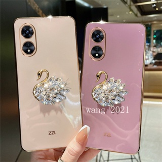Phone Case OPPO Reno8 T 4G 5G เคส Luxury Electroplating Square Casing with Flash Drilling Swan Camera Lens Protective Soft Case เคสโทรศัพท