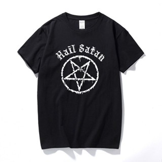 เสื้อยืดลําลอง แขนสั้น พิมพ์ลาย Hail Satan Pentagram rock goth unholy satanic punk emo แฟชั่นสําหรับผู้ชาย 2022_01