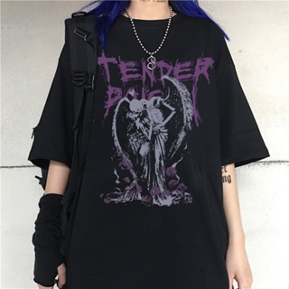 Gothic Hip-hop Streetwear Devil Angel Dark Vintage Print 90s Summer Goth Punk Oversized Women T-shirt Korean Fashio_01