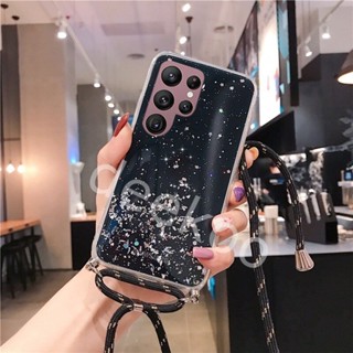 เคสโทรศัพท์มือถือแบบนิ่ม ใส แต่งกลิตเตอร์ ดาว อวกาศ พร้อมสายคล้องคอ สําหรับ Samsung Galaxy S23 S22 Ultra Plus S23+ S22+ A14 A04e 4G 5G GalaxyS23